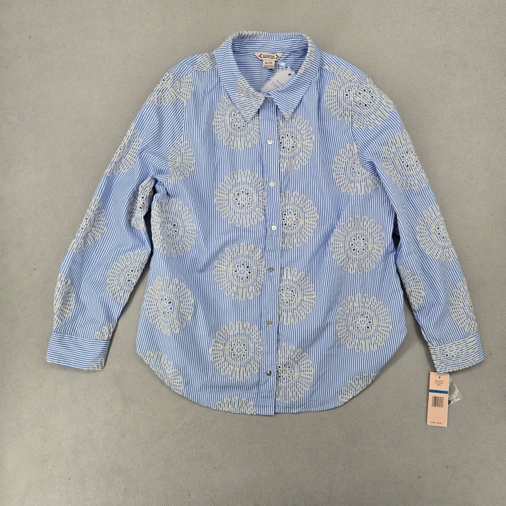 Nanette Lepore Womens NWT XL Blue White Stripe Eyelet Sunburst Button Down Shirt